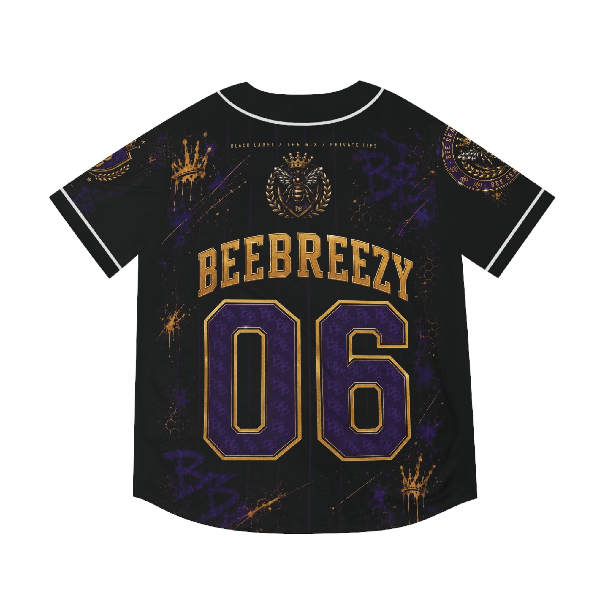 BeeBreezy Black Label Baseball Jersey — Crowned Bee Club | Purple Graffiti & Honey-Gold 06