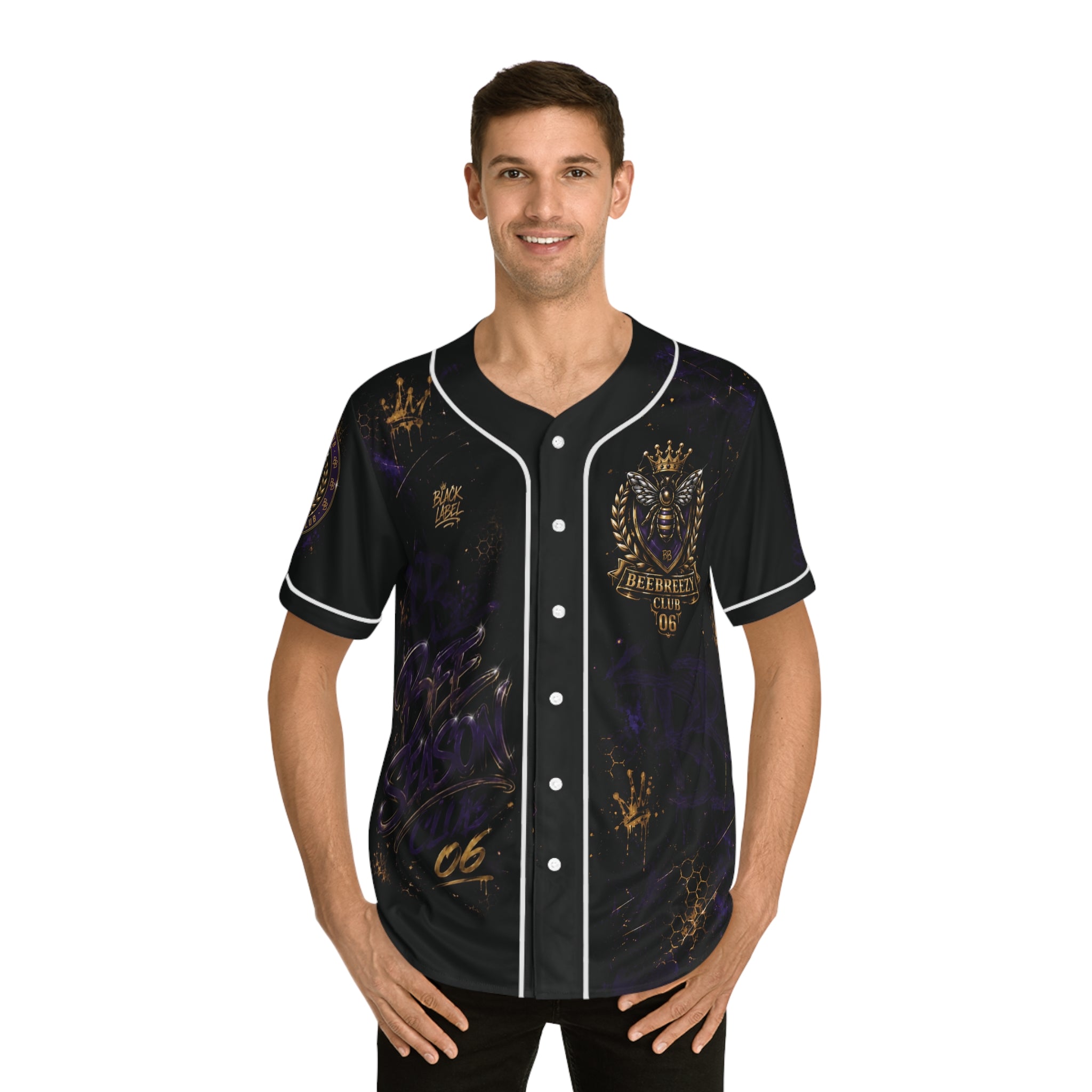 BeeBreezy Black Label Baseball Jersey — Crowned Bee Club | Purple Graffiti & Honey-Gold 06