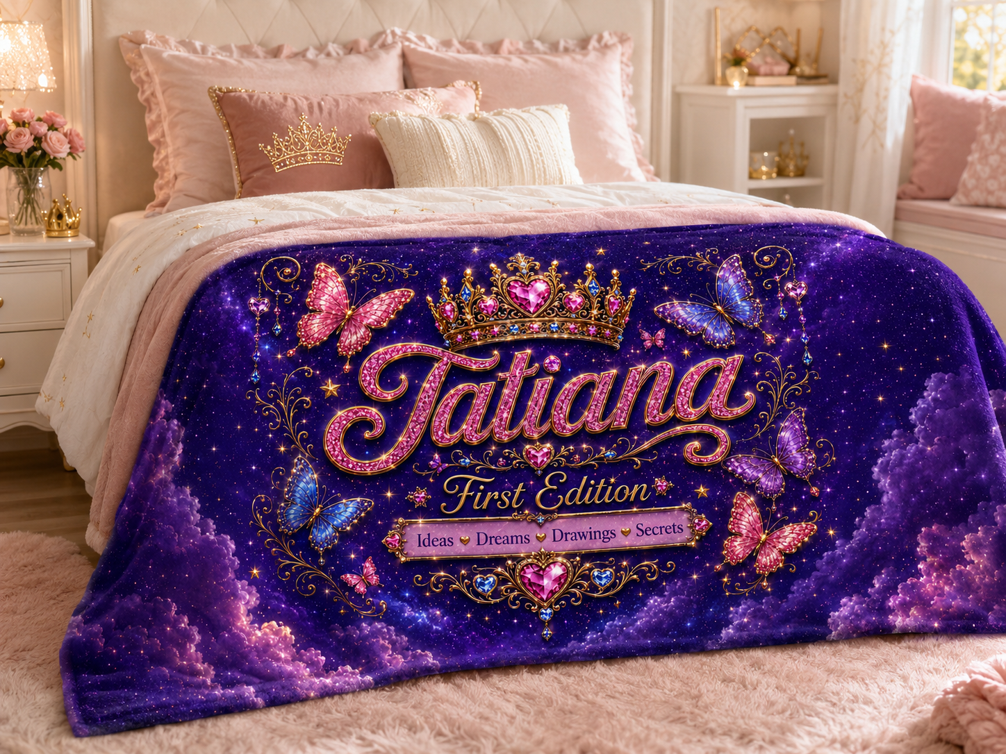 Personalized Princess Plush Blanket — Royal Purple Galaxy Name Throw